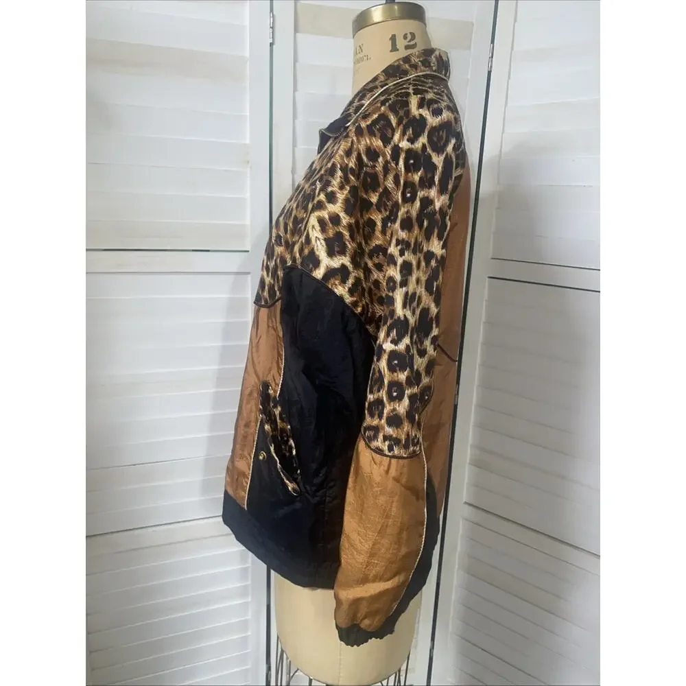 80s Wind Breaker Black and Brown Cheetah Pattern Metallic Gold Trim Small/Medium - Picture 6 of 9